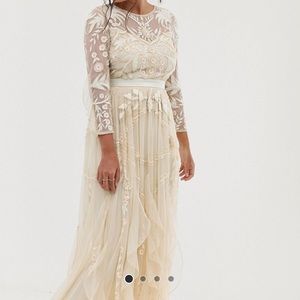 Amelia Rose Vintage Ruffle Maxi Dress With Soft Baroque Embellishment in Cream!